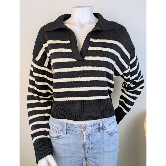 Olivaceous Ronald Black White Striped Deep V-Neck Collared Crop Sweater Medium - Picture 2 of 10